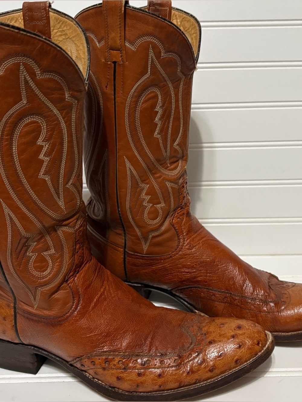RIOS OF MERCEDES Full Quill Ostrich Brown Vintage Cowboy Boots Mens Size 9.5